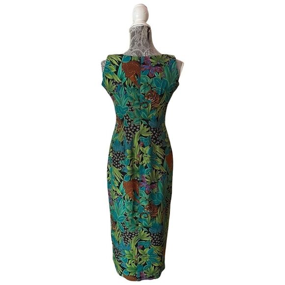 VINTAGE 90s Spenser Jeremy Leaves Jungle Animal Butterfly Print Silk Dress - Picture 3 of 8